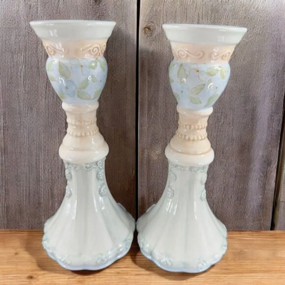 Tracy Porter Hand Painted Pillar Candle‎ Stick Holder Set Ceramic Caldecott